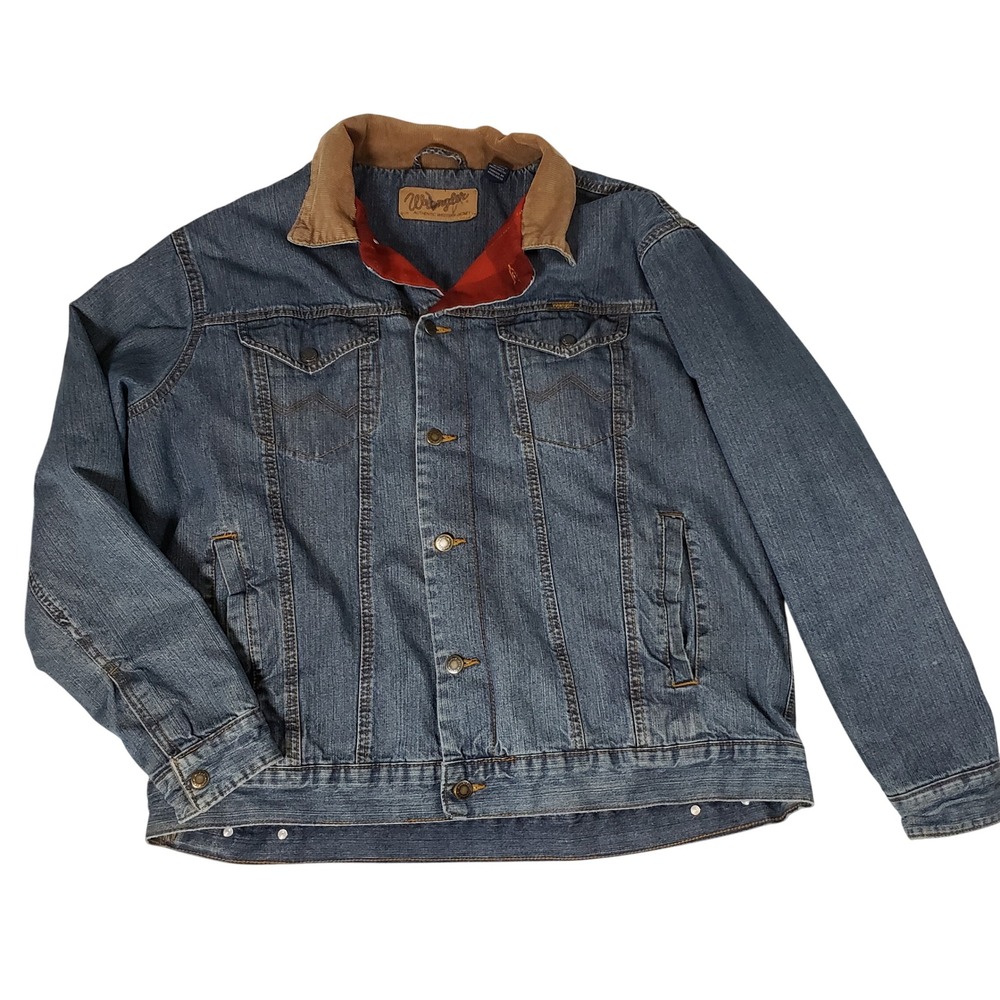 Wrangler Authentic Western Jacket Blue Denim Flannel Lined Corduroy Collar L
